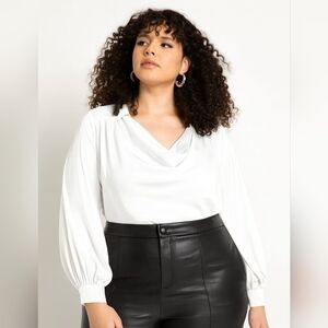 NEW Eloquii White Satin Blouse Top Balloon Sleeve Cowl Neck Formal Office 16